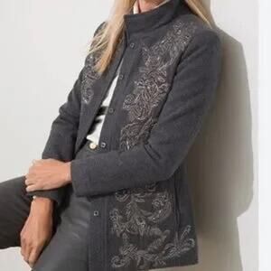 Chico's Size 1 Gray Wool Blend Beaded Embellished Jacket Women's Size Medium